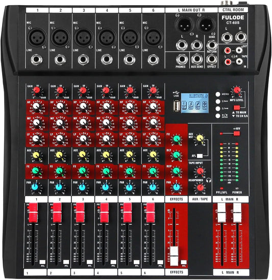 6 Channel Audio Mixer, Professional Music Mixer Board DJ Mixing Console with Bluetooth, USB/MP3 Player, Reverb, and 48V Phantom Power for Studio Recording, Karaoke, and Live Performances