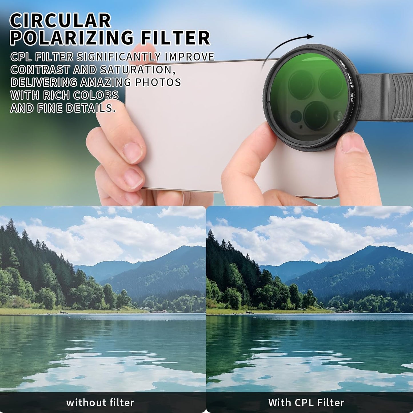 52MM CPL Filter for Phone, Clip-on Circular Polarizing Lens, HD Multi-Coated Optical Glass, Camera Lens Filter Kit Compatible with iPhone 16 15 14, Samsung, Google Pixel and Other Smart Phones