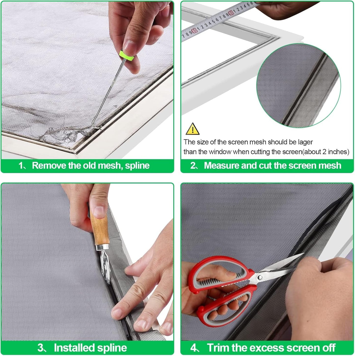 4 in 1 Window Screen Repair Tool Kit,Including 32Ft Spline(Diameter 0.137IN),Steel Roller Tool with Bearing,Spline Removal Hook and High Quality Scissors,for Installing Door and Window Mesh Screens.