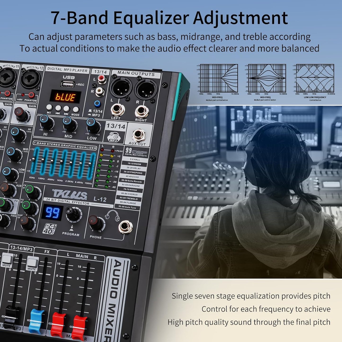 DJ Mixer, TKLBLS Professional 12 Channel Audio Mixer Board with 99-Bit DSP, Sound Board Mixing Console 7-Band EQ Output, USB Audio Interface, Bluetooth 48V Phantom Power For Karaoke Studio Streaming