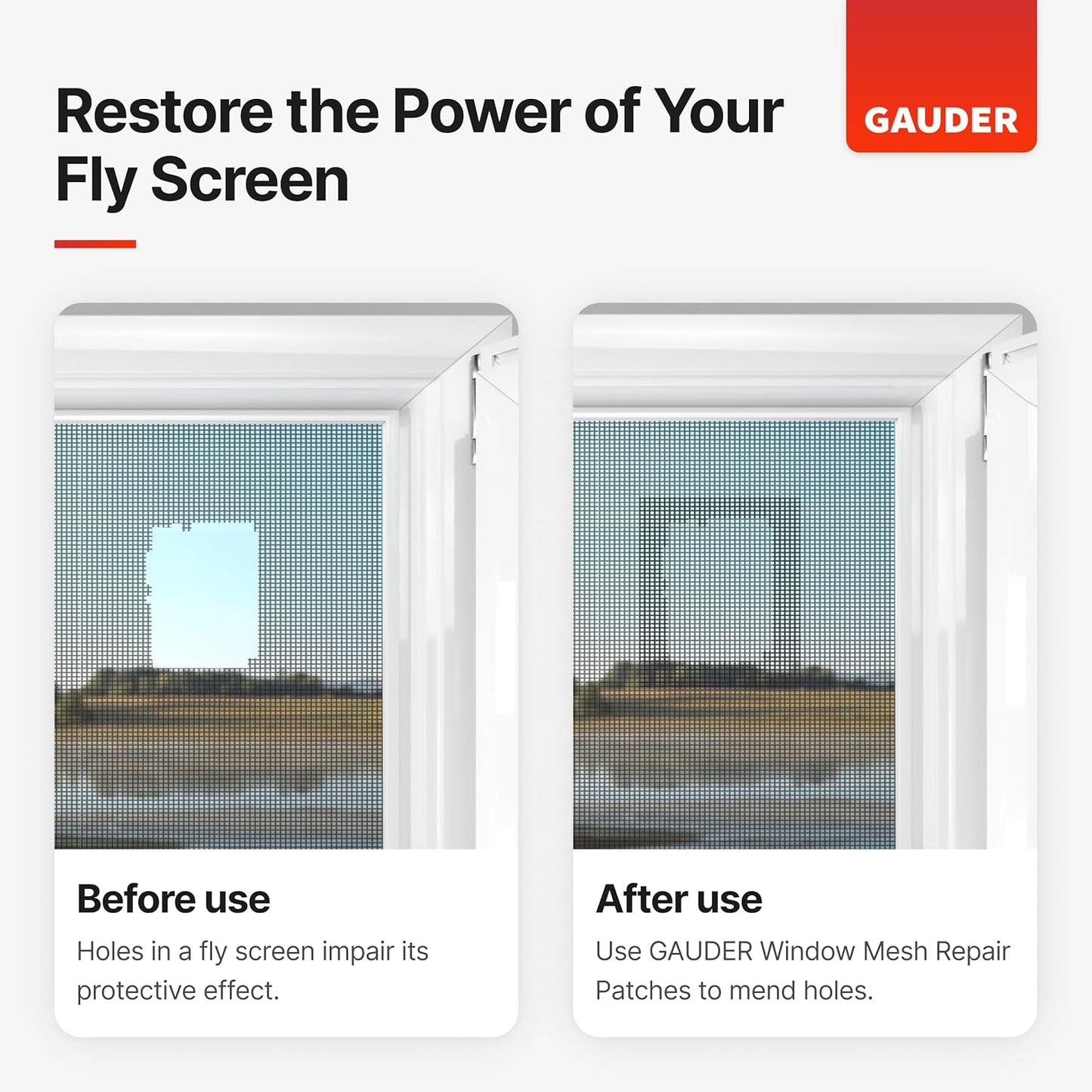 GAUDER Fly Screen Repair Patches - Insect Screen Repair Set Made from Fiberglass Self-Adhesive - for Door, Porch and Window (3 Patches - 5" x 7")