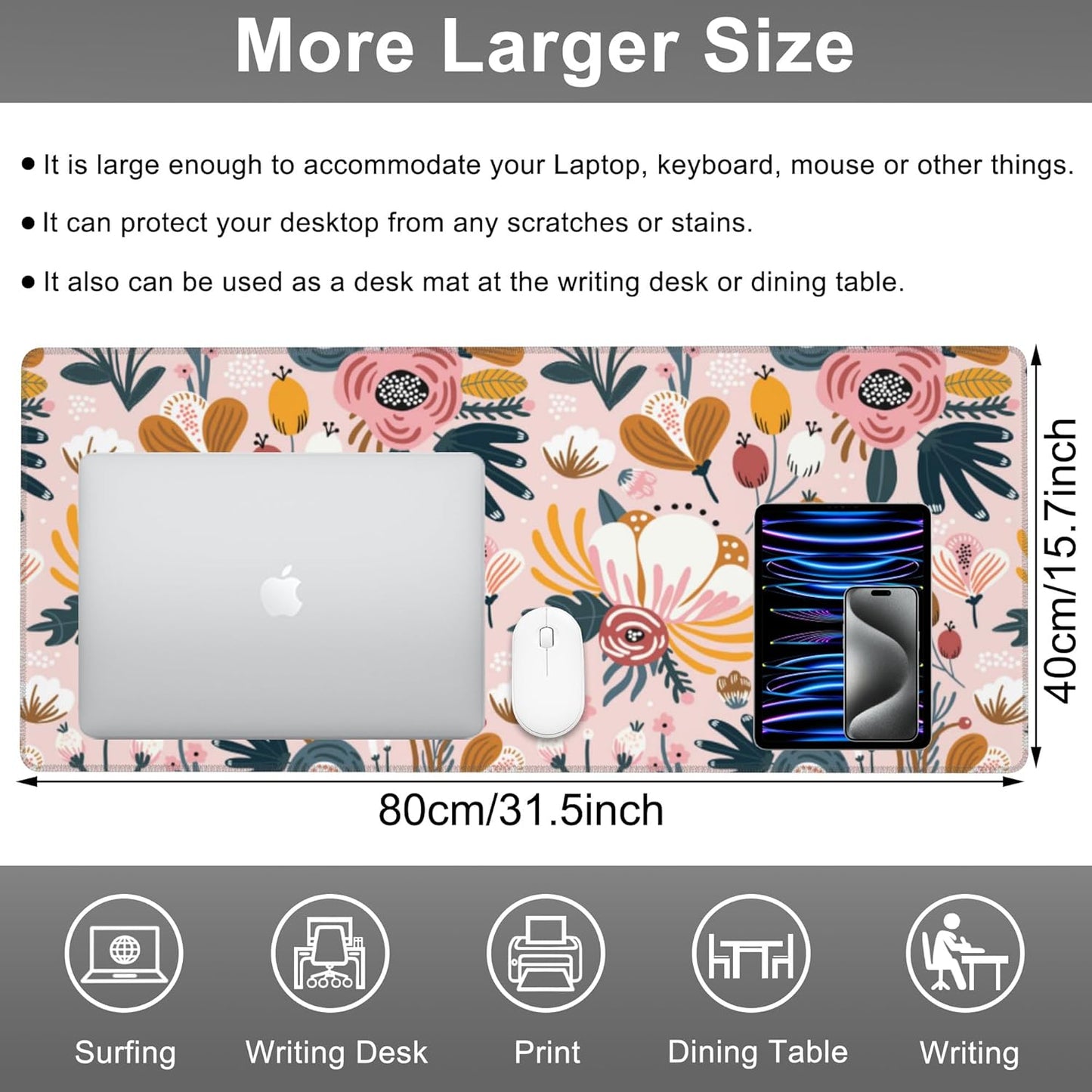 Mouse Pad, Large Colorful Flowers and Berries Desk Mat, Extended Non-Slip Gaming Keyboard Mousepad Desk Pad, Thick Stitched Edges Waterproof Mouse Mat 31.5"x15.7" (Beautiful Floral Plants)