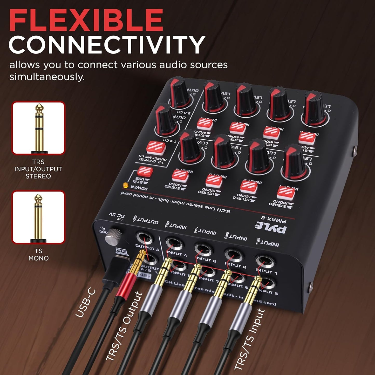Pyle 8-Channel Wireless BT Streaming Mini Line Mixer with USB Audio Interface - 8 Mono/Stereo Switching Inputs | Ultra-low Noise Design with High Headroom | Built-in USB Sound Card - PMAX8