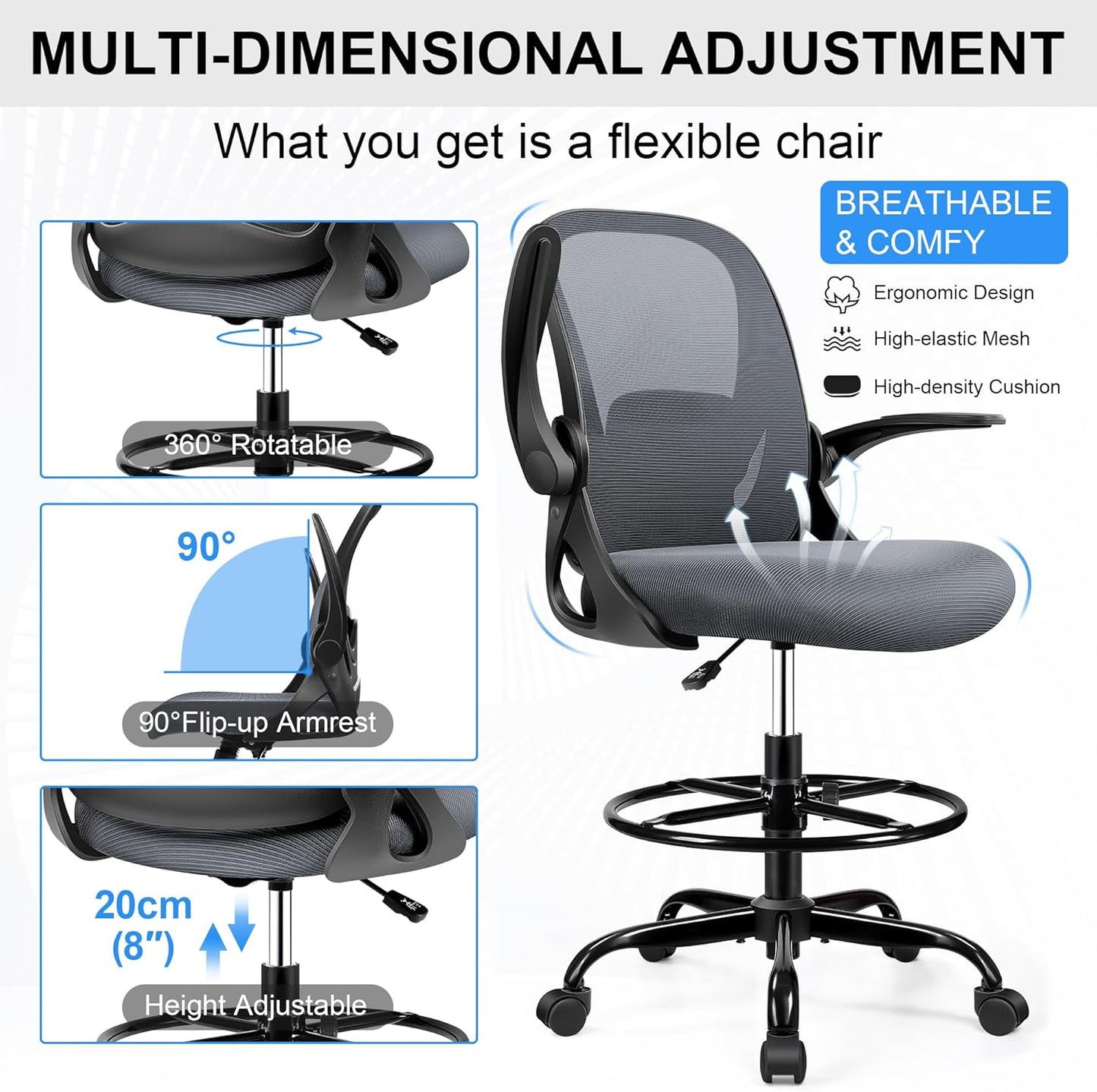 Drafting Chair Tall Office Chair with Flip-up Armrests, Adjustable Height, Enhanced Lumbar Support Ergonomic Rolling Stool, Back Support, Adjustable Foot Rest Ring for Standing Desk Dark Gray