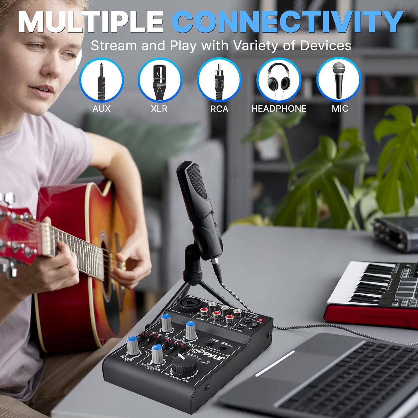 Pyle 5-Channel Professional Audio Mixer DJ Sound Board – Compact Music Mixer with USB Interface, EQ Controls, XLR Mic Input, 18V Phantom Power, Rechargeable Battery – USB/Line/Master Controls