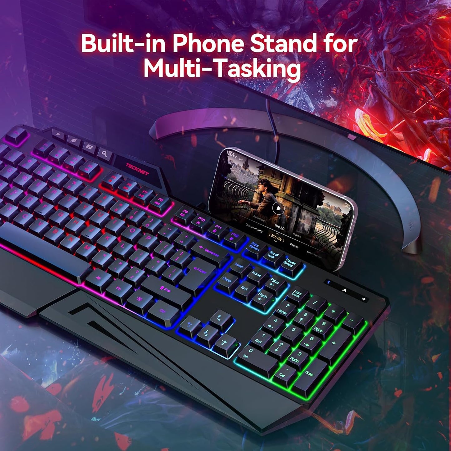 TECKNET Wired RGB Gaming Keyboard - 26-Key Anti-Ghosting, 13 Lighting Modes, Spill-Resistant, 108 Membrane Keys, Plug & Play - with Ergonomic Wrist Rest & Phone Holder for Windows/Mac (Black)