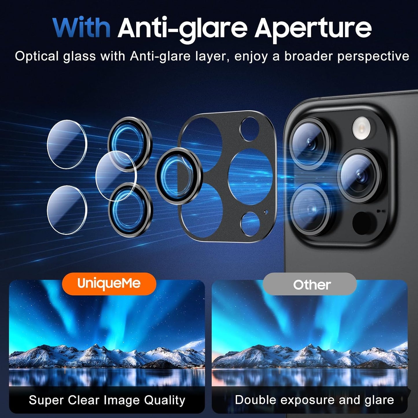 UniqueMe for 3 Pack iPhone 15 Pro/iPhone 15 Pro Max Camera Lens Protector, [Drop Protection] [Case Friendly] Camera Cover Screen [Update New Version] - All-Black
