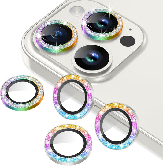 AGVEE 3+3 6 Pack for iPhone 15 Pro 6.1" / 15 Pro Max 6.7" Camera Lens Protector, Bling Diamond & Bling Glitter Metal Ring 9H Tempered HD Glass Camera Protector Cover Film, Bling-Colorful