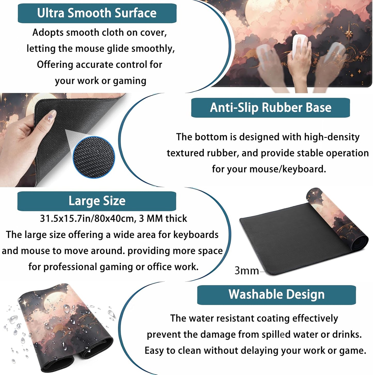 Pink Black Clouds Desk Mat XXL Large Extended Gaming Mouse Pad Celestial Mousepad with Stitched Edges, Office Desktop Decor Desk Pad Computer Mat, Laptop Keyboard and Mouse Mat, 31.5x15.75 in