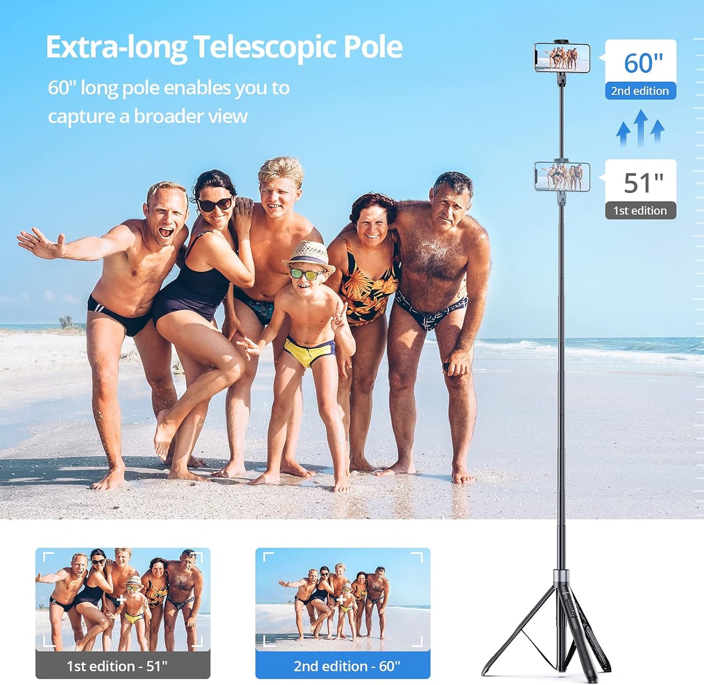 ATUMTEK 60" Selfie Stick Tripod, All in One Extendable Phone Tripod Stand with Bluetooth Remote 360° Rotation for iPhone and Android Phone Selfies, Video Recording, Vlogging, Live Streaming, Black