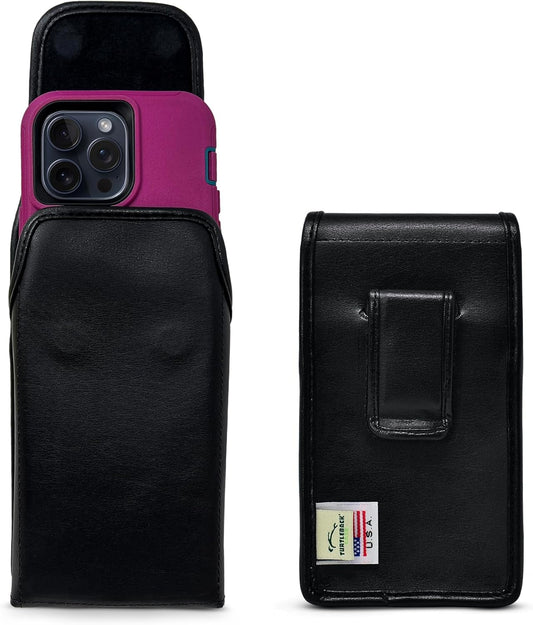 Turtleback Belt Holder for iPhone 16 Pro Max, 15 Pro Max, 14 Pro Max -Large- Fits w/Defender Bulky Style Cases, Premium Black Leather Vertical Holster, Magnetic Closure Leather Wrapped Clip