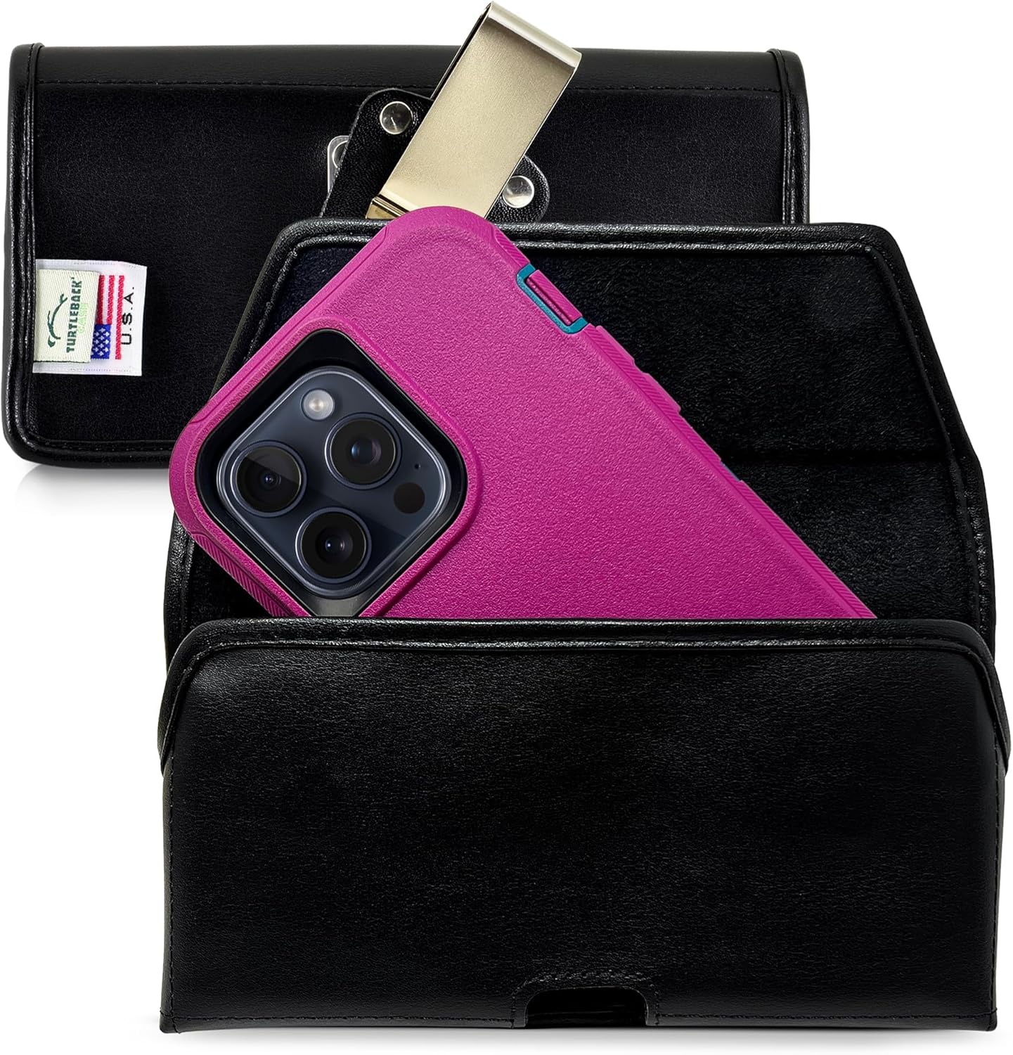 Turtleback Belt Clip for iPhone 16 Pro Max, 15 Pro Max, 14 Pro Max -Large- Fits w/Defender Bulky Style Cases, Premium Black Leather, Horizontal Belt Holder, Magnetic Closure, HD Rotating Clip