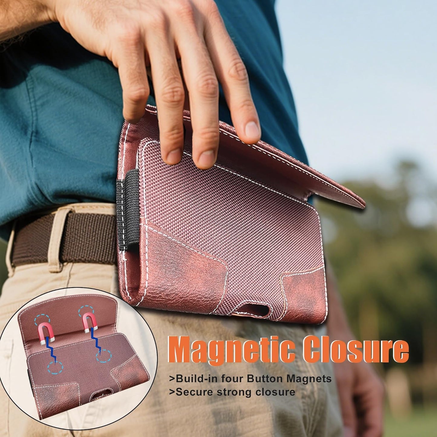 Leather Phone Holster for Men with Belt Clip, Cell Phone Holder for iPhone 17/16/15/14/13/12/Pro Max & Plus,Galaxy S25/24/23 Ultra & Plus,S24 FE,Belt Pouch Case Magnetic Closure (Brown-XL)