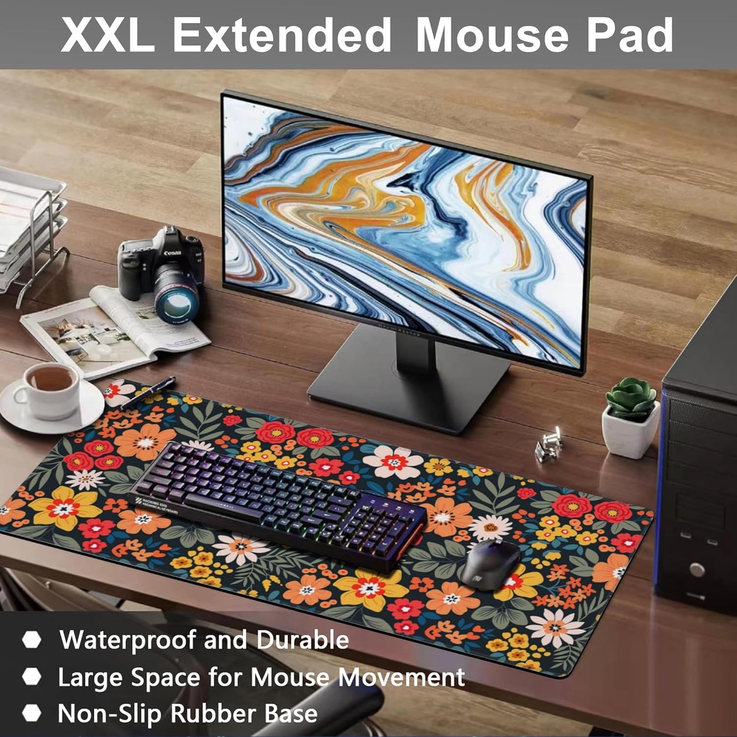 Mouse Pad, Large Colorful Flowers and Plants Desk Mat, Extended Non-Slip Gaming Keyboard Mousepad Desk Pad, Thick Stitched Edges Waterproof Mouse Mat 31.5"x15.7" (Bright Abstract Floral)
