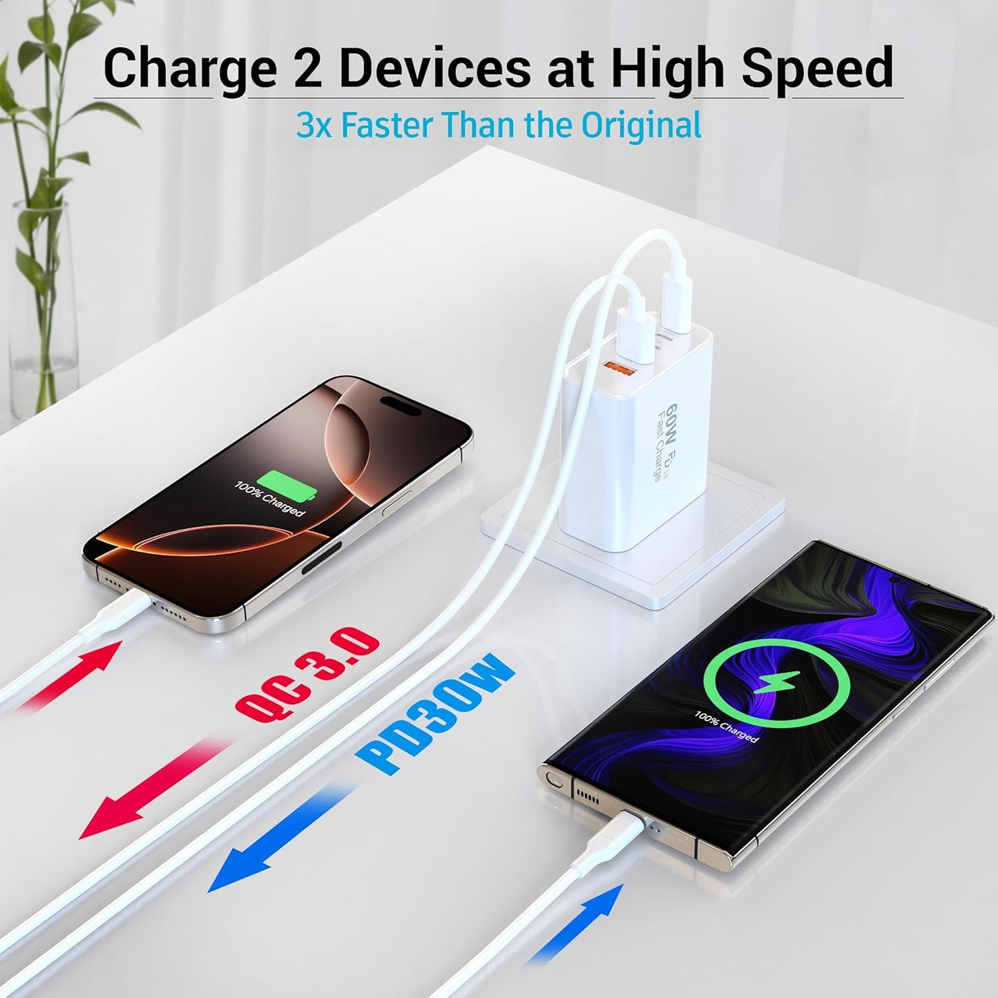 USB C Block 60W, 5 Ports Wall Plug Fast Charging Block, PD+QC Multiport Power Adapter USB C Charger Type C for iPhone 16,15,14,13,12, Pro Max, Galaxy S25, S24, Watch, Tablet, Smartphones -2Pack