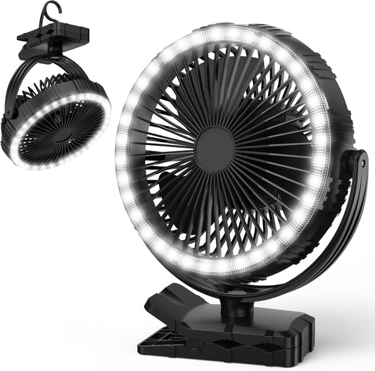 8-Inch Portable Camping Fan with Light, 10000mAh Rechargeable Battery Operated, 3 Speeds Cordless Clip on Table Fan with Hook & Light for Golf Cart Camping Tent Travel Jobsite Hurricane Power Outage