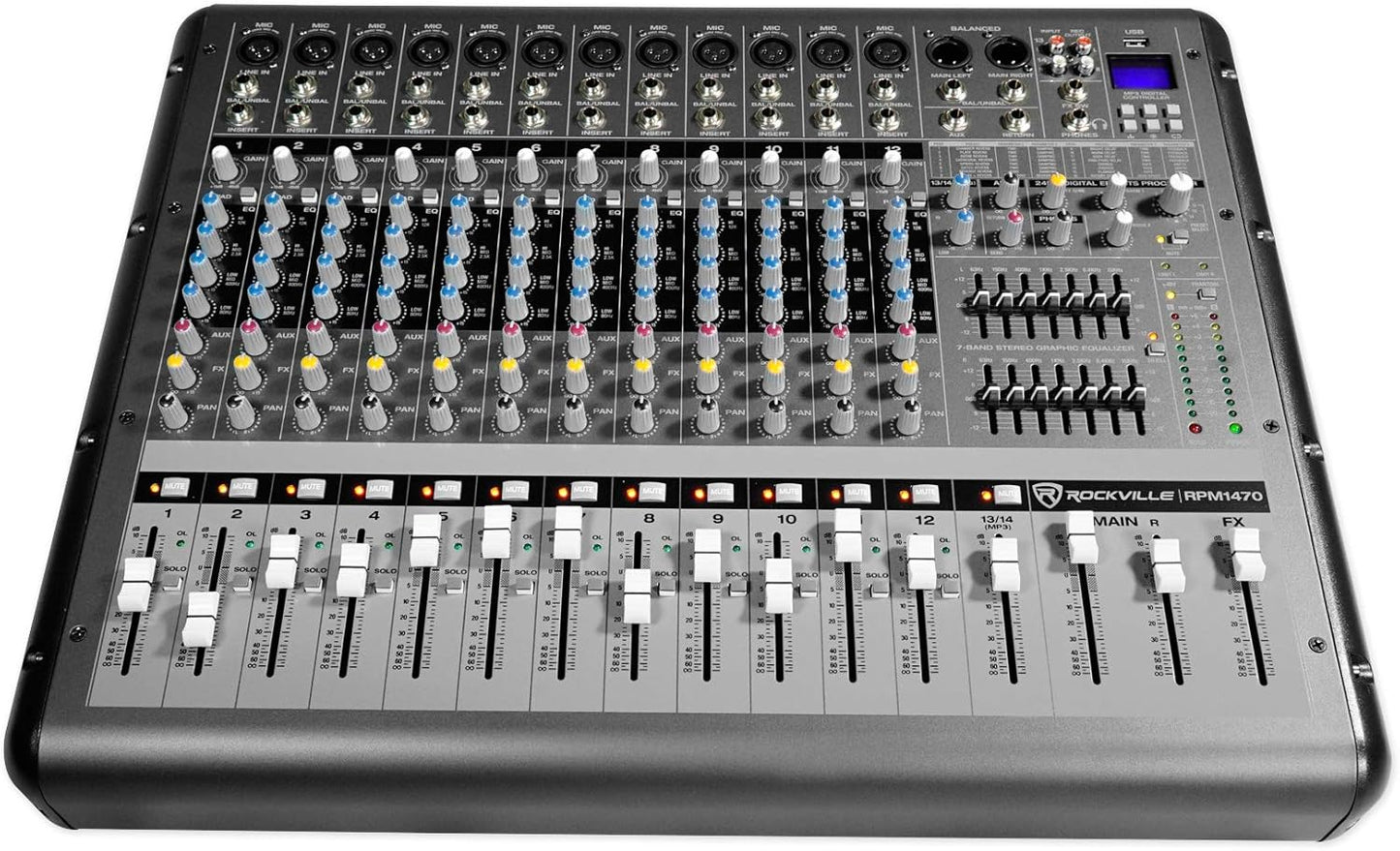 Rockville RPM1470 6000W Peak 14-Channel Powered Mixer, 750W RMS x 2 at 4 Ohm, USB/Bluetooth, 24-Bit Effects, 14 XDR2 Mic Preamps, for Live Events/Church Bands