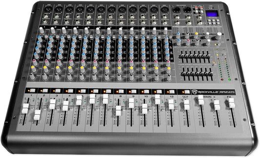 Rockville RPM1470 6000W Peak 14-Channel Powered Mixer, 750W RMS x 2 at 4 Ohm, USB/Bluetooth, 24-Bit Effects, 14 XDR2 Mic Preamps, for Live Events/Church Bands