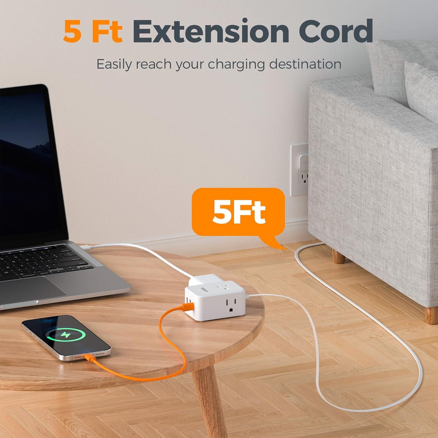 TESSAN Cruise Essentials, Flat Plug Power Strip, 5 Ft Extension Cord with 3 USB (1 USB C), 3 Outlets Small Charging Station, Non Surge Protector for Cruise Ship Travel, Dorm, Home Office, White