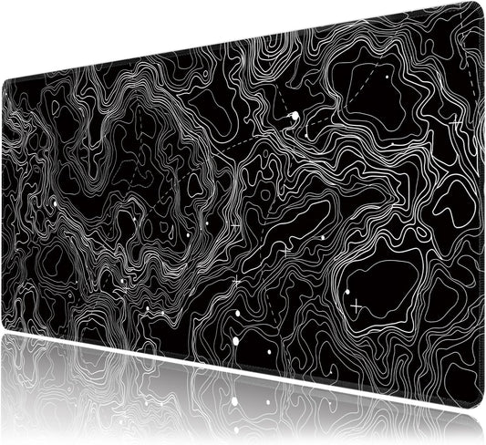 Black with White Topographic Line Large Mouse Pad,Gaming Keyboard Desk Pad,Extended Mouse Mat Non-Slip Rubber Base with Stitched Edges for Office Game Home XXL 35.4"x15.7"