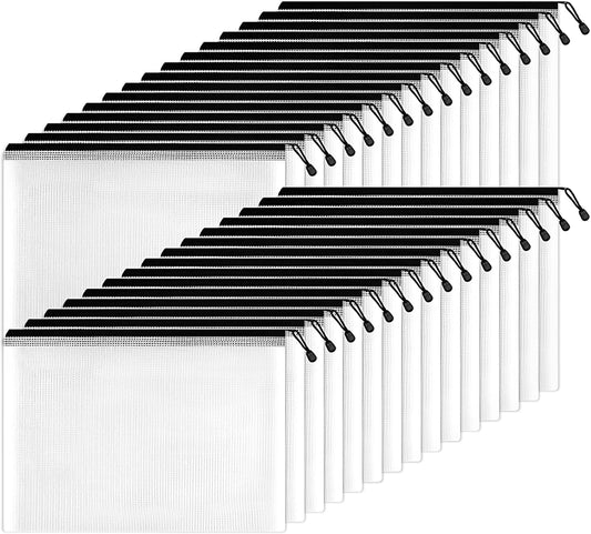 SUNEE Mesh Zipper Pouch 11x16 in (Black, 30 Packs), Large Mesh Zipper Pouch Bags for School Office Supplies, Puzzles & Games, Travel Accessories, Waterproof Zipper Pouches for Organizing