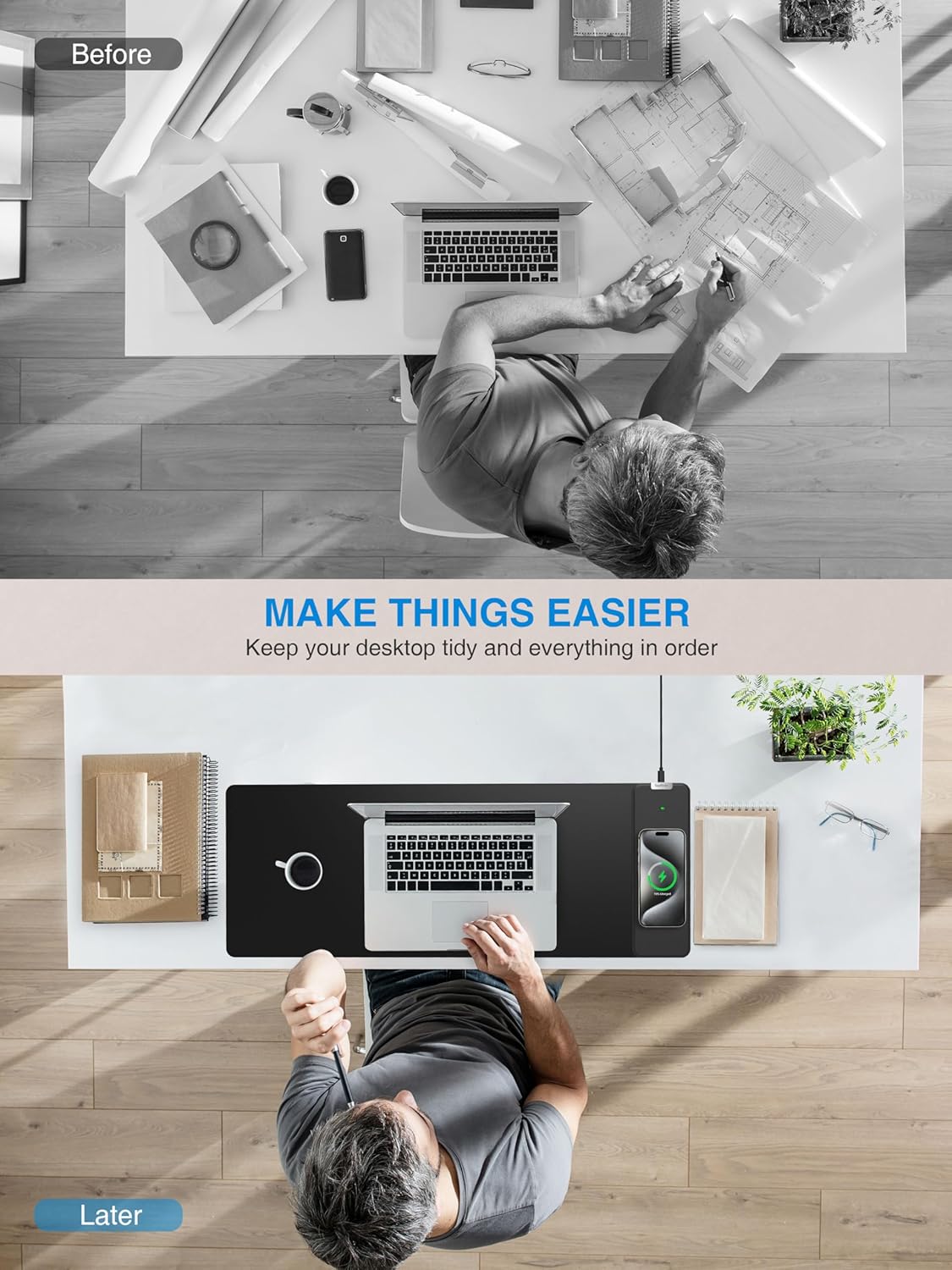 TopMade Wireless Charging Mouse Pad, 31.5"x11.81" XL Large Gaming Mousepad, Waterproof Desk Pad with Ultra-Smooth Surface, Non-Slip Base, Computer Keyboard Mat for MacBook, PC, Laptop