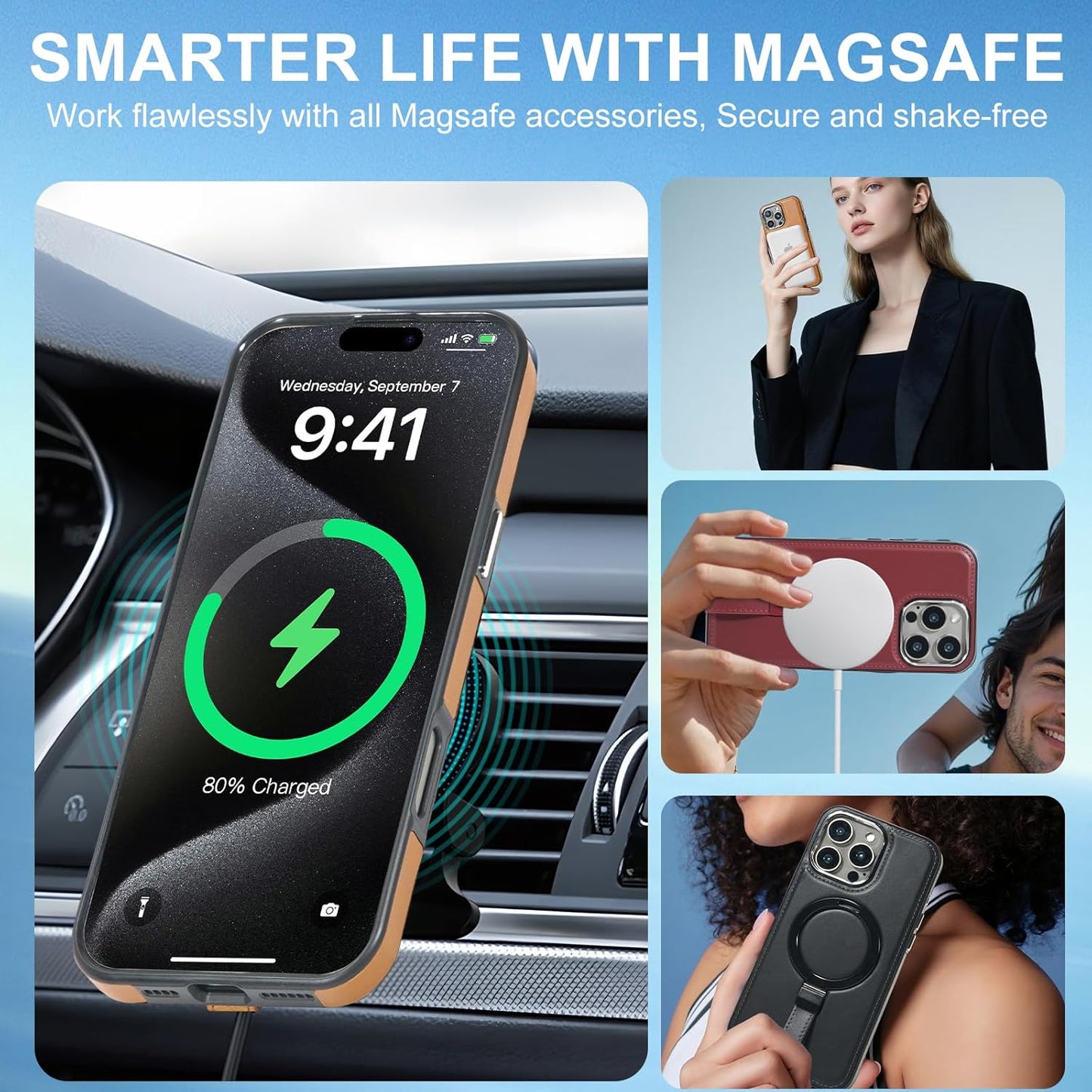 Leather Case, Suitable for iPhone 16 Case, Invisible Magnetic Design, Equipped with a Lanyard and Foldable Stand, Black, Yellow and red (Red, iPhone 16)