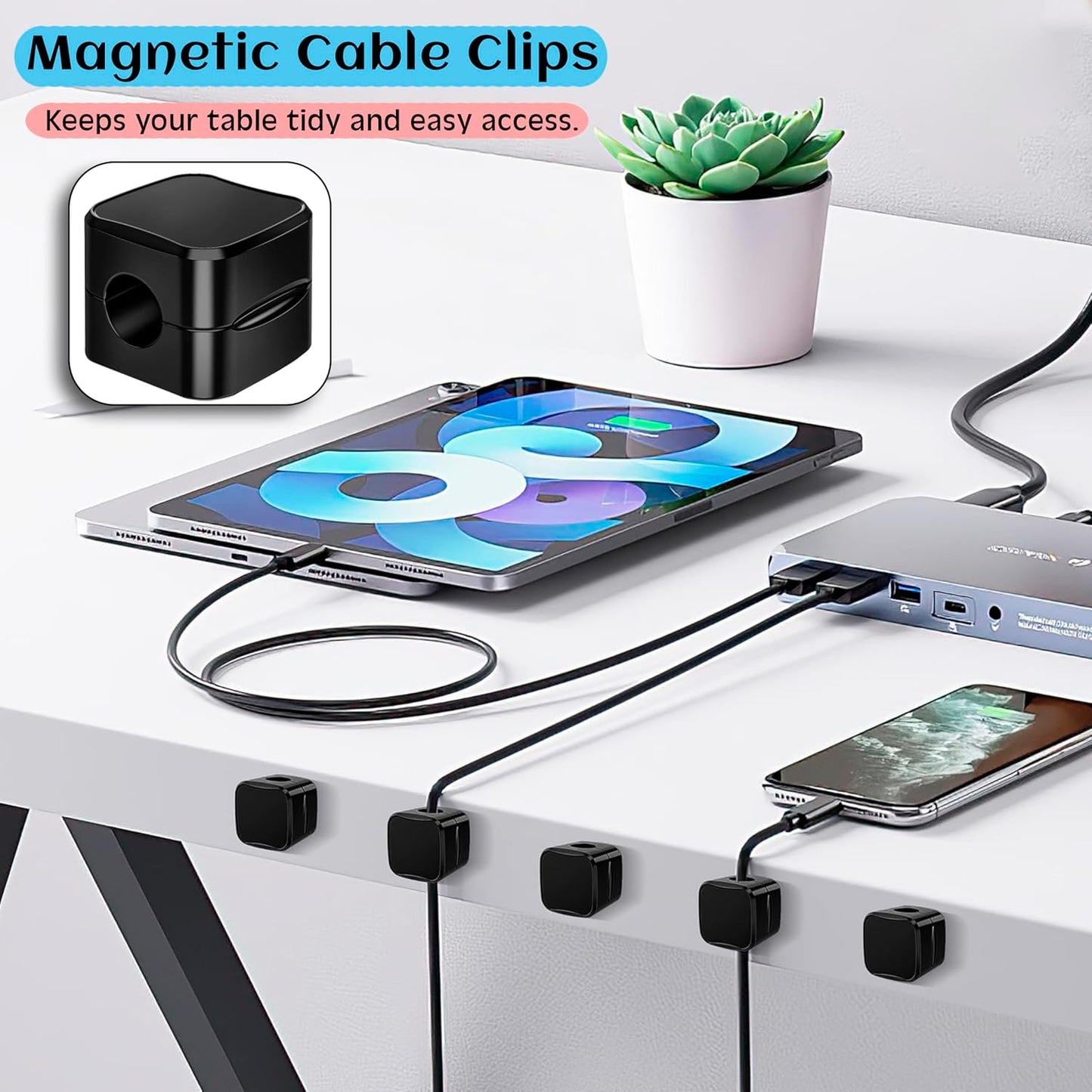 SaiTech IT Pack of 6 Magnetic Cable Clips, Cord Organizer Holder, for Desk Cable Management, Adhesive Wire Keeper for Car, Office Home Desktop, Wall, Night Table