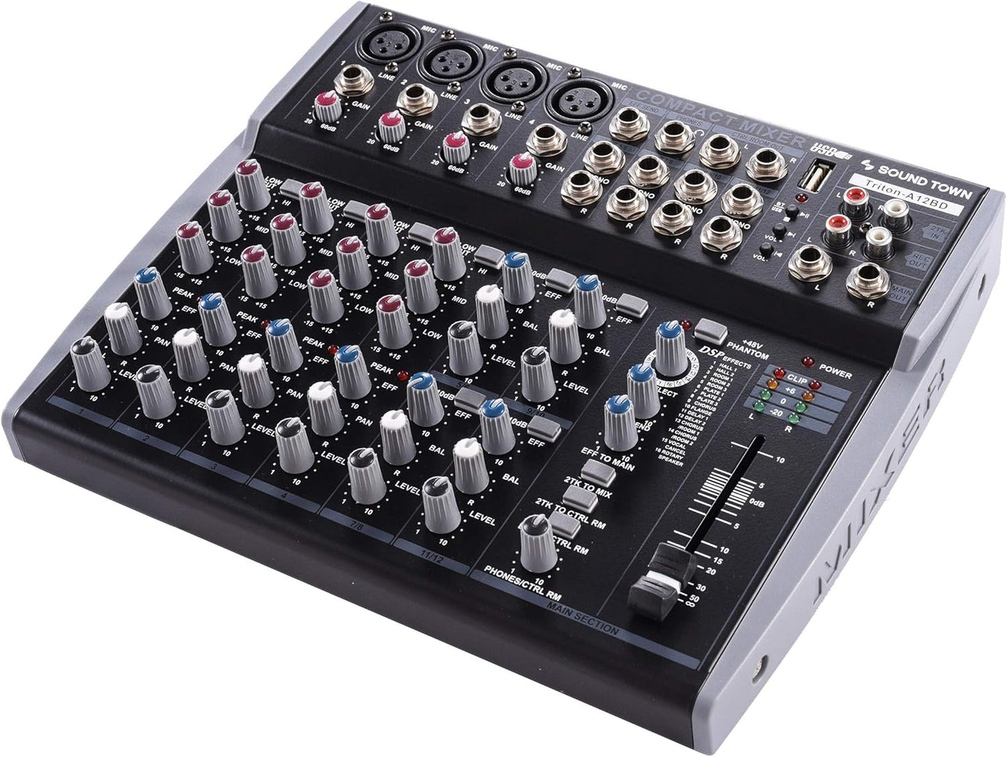 Sound Town Professional 12-Channel Audio Mixer with USB interface, Recording, EQ, Bluetooth, DSP and 48V Phantom (TRITON-A12BD)