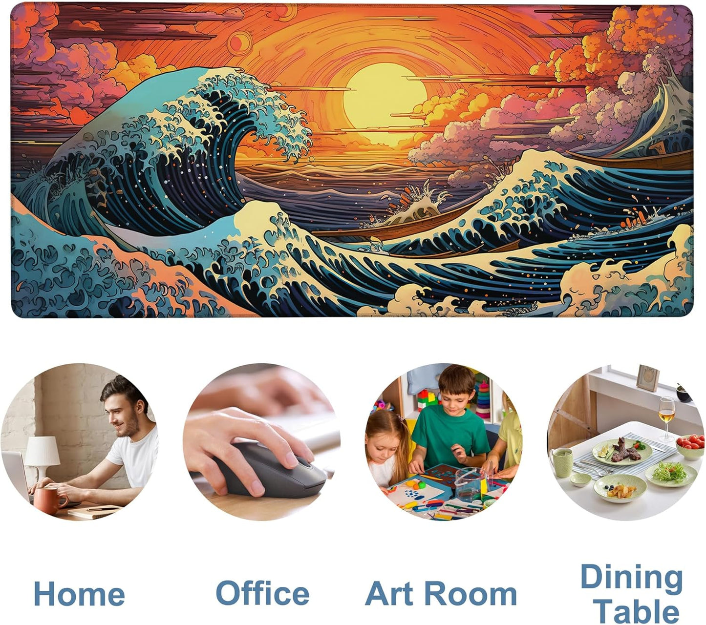 Gaming Desk Pad Large Extra Length Japanese Blue Waves Mouse Pad Keyboard Laptop Non-Slip Waterproof with Rubber Base Thick Stitched Edge Mouse Mat for Office Home 35.4 x 15.7 Inches