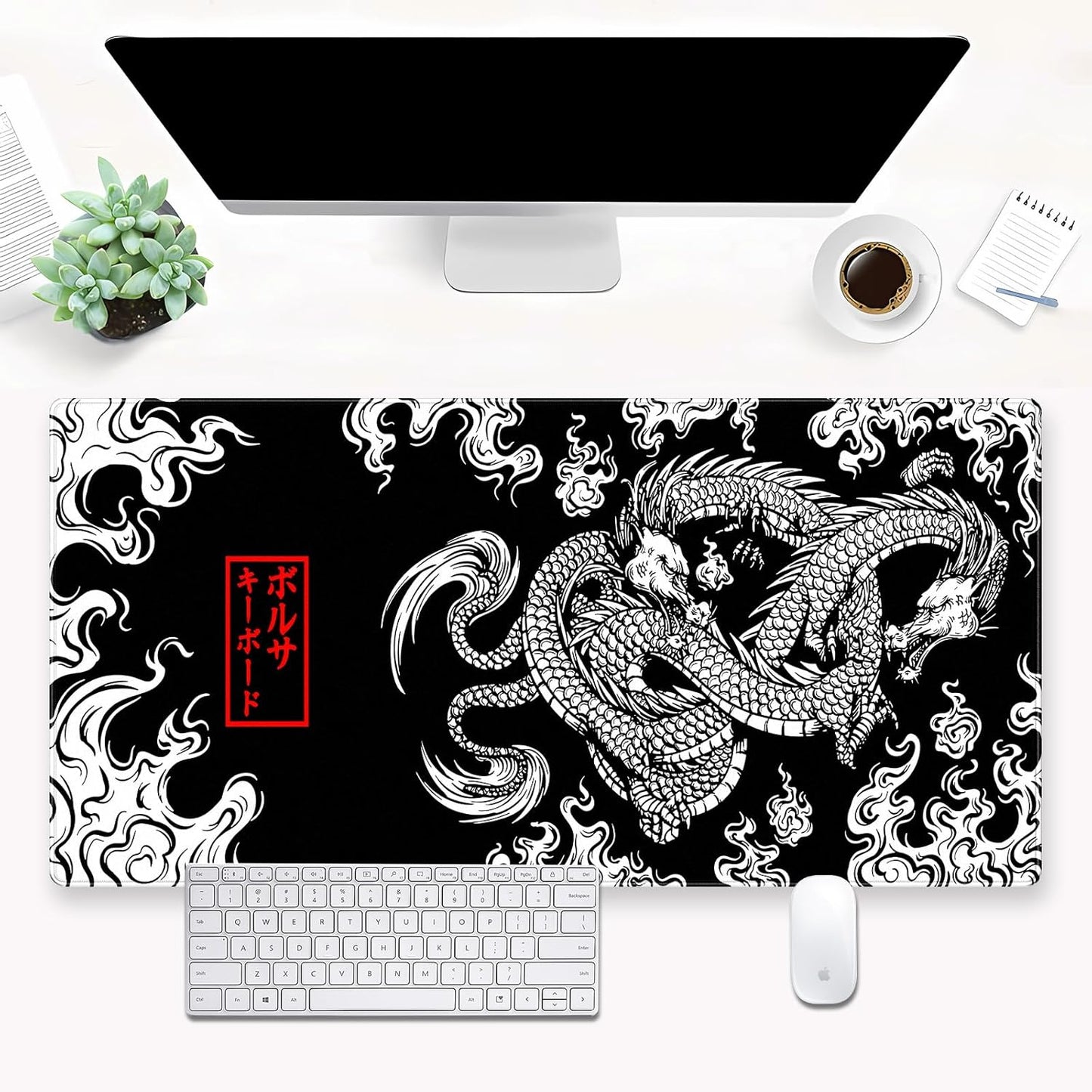 Black and White Mouse Pad Extra Large Gaming Mousepad XL Dragon Desk Mats Japanese Full Desk Keyboard Mat Computer Pad Desk Matt with Stitched Edges Non-Slip Desktop Mat 31.5 x15.7 in
