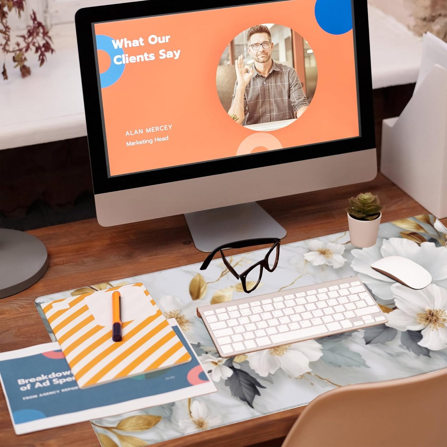 Desk Mat,White Gold Marble Desk Pad,White Flowers Golden Leaves Large Gaming Mouse Pad for Desk,Extended Big Computer Keyboard Mouse Pad with Non-Slip Base and Stitched Edge,35.4"x15.7"