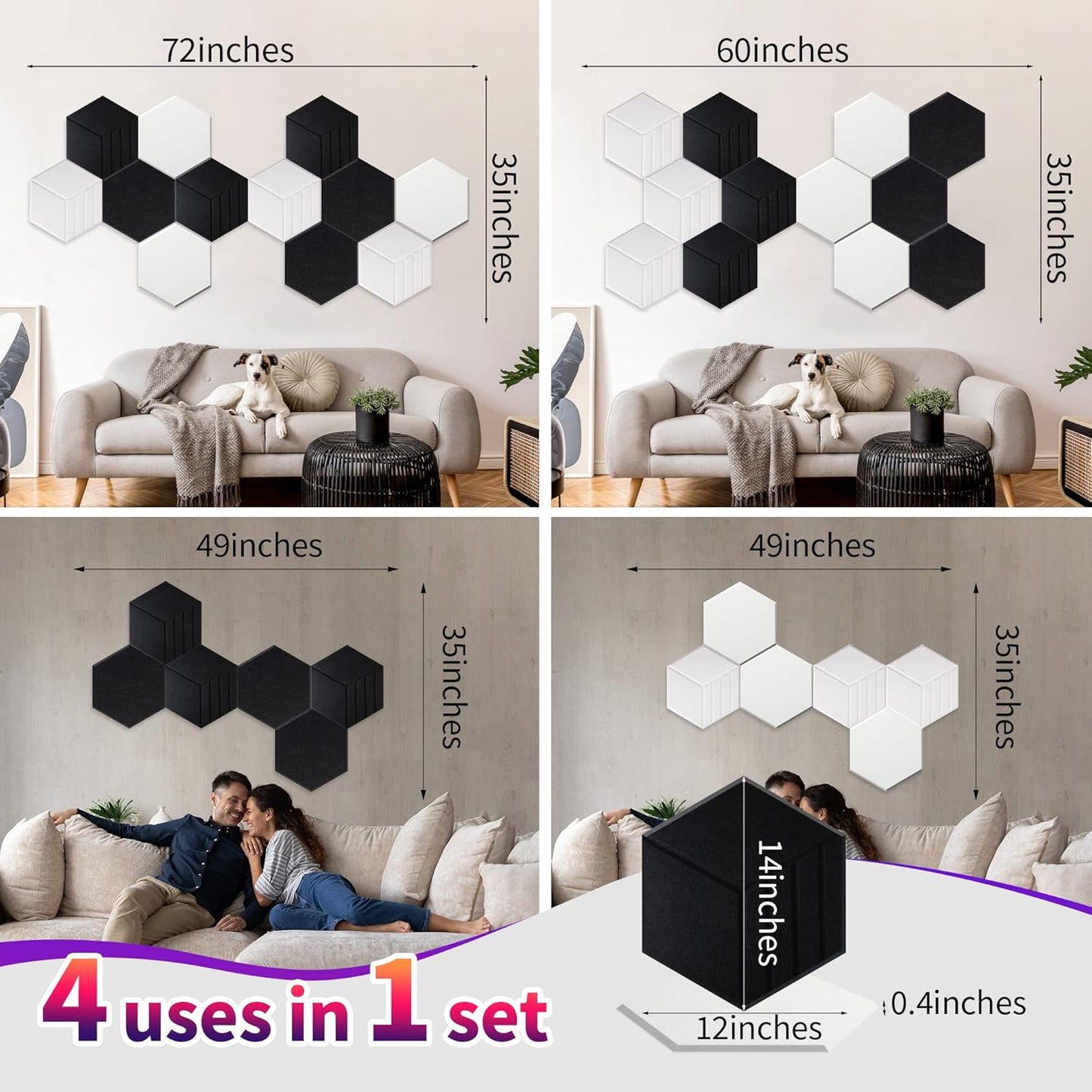 Mollywell Hexagon Acoustic Panels, Carved Patterns, Soundproofing, Decorative Noise Reduction Felt Wall Tiles for Ceilings, Home Office & Gaming Room (Black and White), 14x12x0.4 Inch