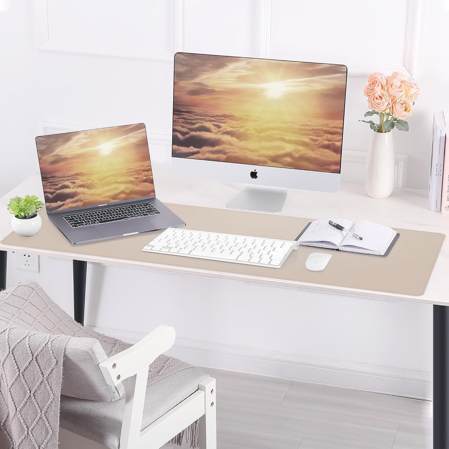 Leather Desk pad Protector, Large Desk mat with Natural Cork & PU Leather,Mouse pad,Non-Slip Office Desk Mat,Waterproof Desk Writing Pad for Office and Home (35in*17in,Beige)