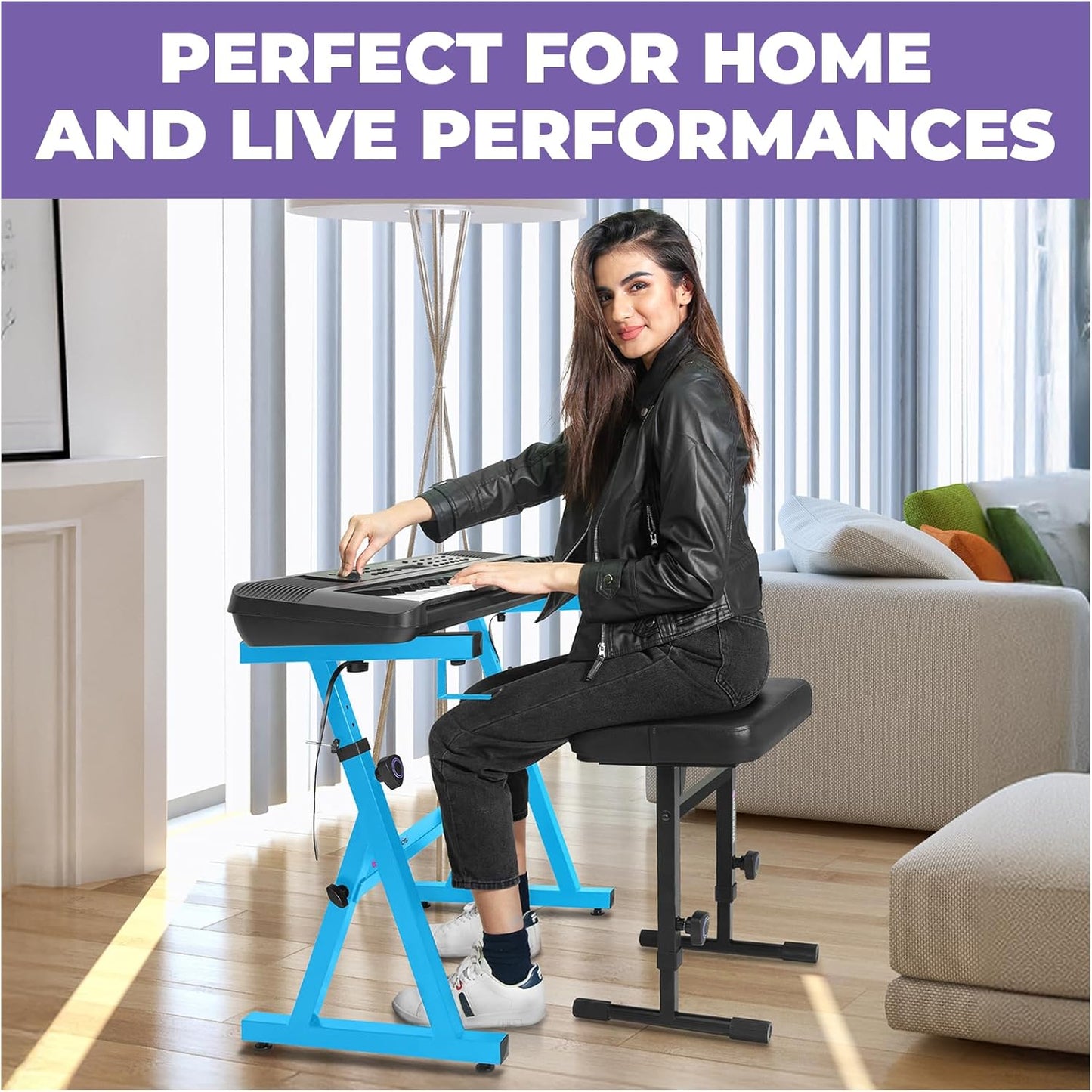 Liquid Stands Portable Heavy Duty Digital Piano Stand & Bench Set - Adjustable Keyboard Music Stand & Seat for 54-88 Key Electric Pianos (Light Blue)