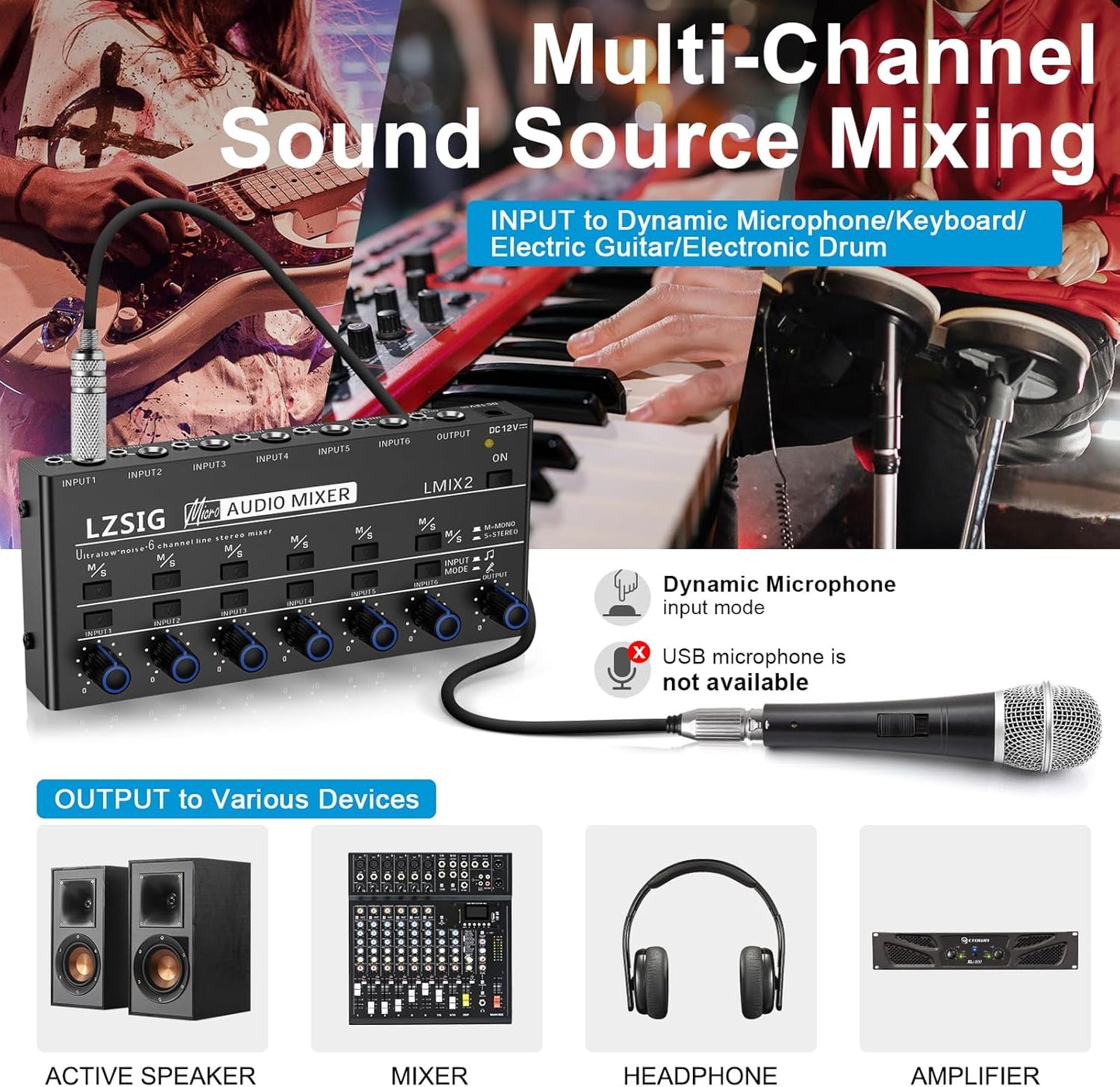 LZSIG Mini Audio Mixer,Stereo Line Mixer for Sub-Mixing,Ultra Low-Noise,6-Channel,Microphone Independent Control, 1/4" & 1/8" TRS Output and Input, for Guitars,Bass,Keyboards
