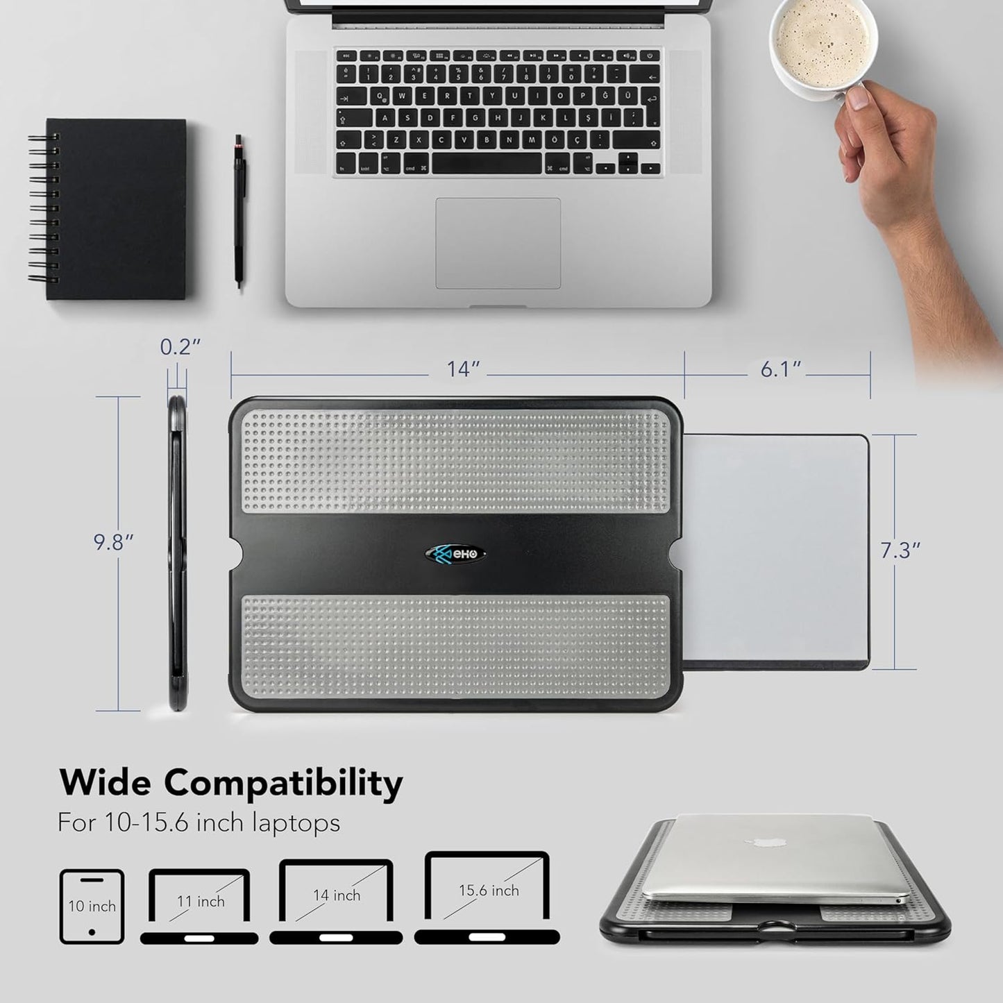 EHO Laptop Lap Pad - Laptop Stand Pad w Retractable Mouse Pad Tray, Anti-Slip Heat Shield Tablet Notebook Computer Stand Table w/Sturdy Stable Cooler Work Surface for Bed Sofa Couch or Travel