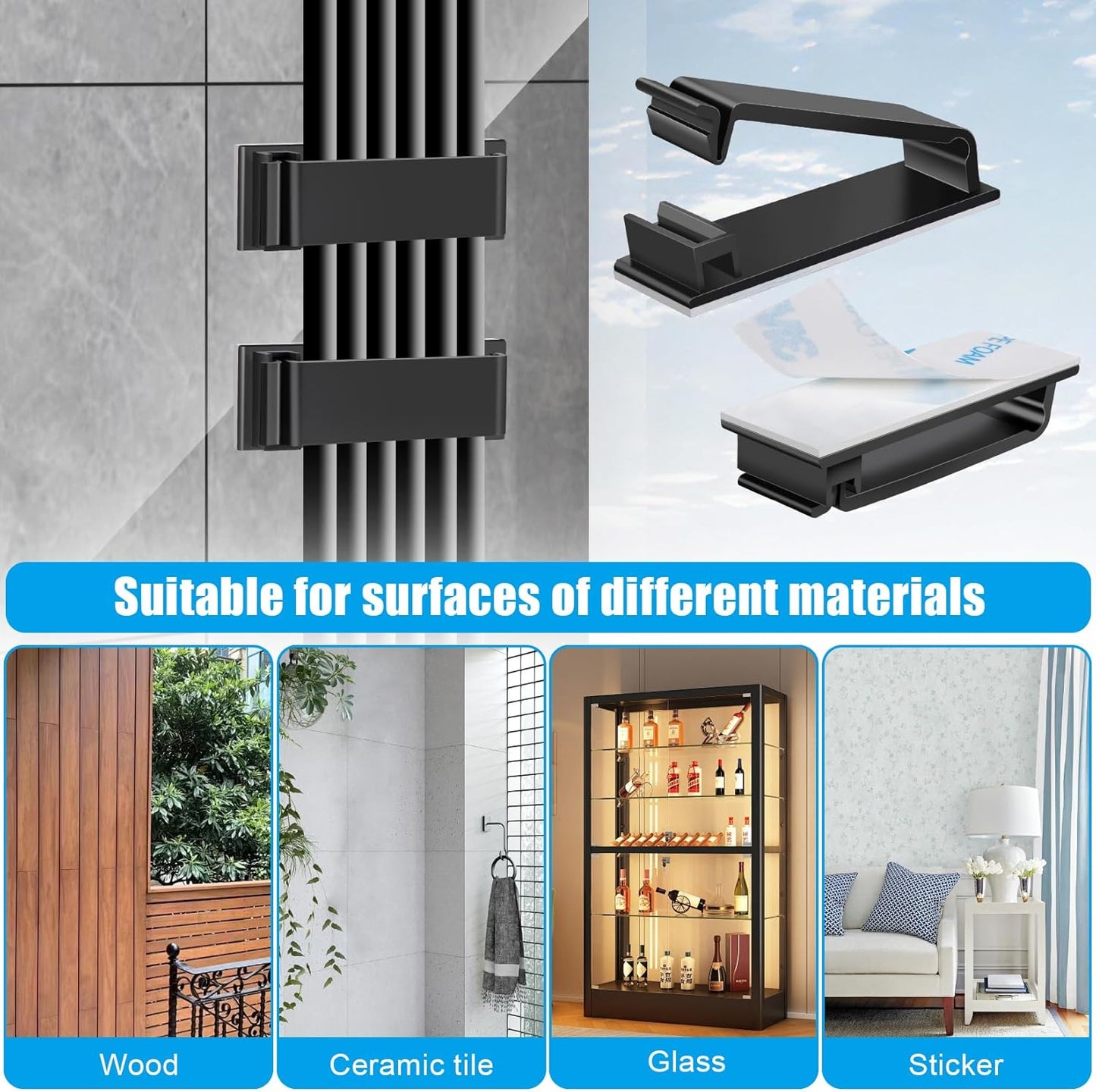 XHF 50 PCS Self Adhesive Cable Clips(L) Black,Wire Clips Cable Management Wire Organizer Cord Holder for Under Desk, Car, Wall, TV PC Ethernet Cable