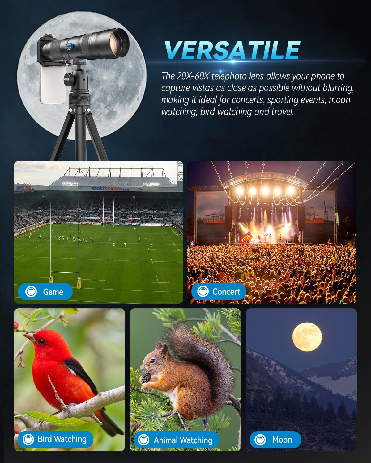 Evil Eye 20-60X Zoom Telephoto Lens, High Power HD Telephoto Phone Lens with Tripod and Universal Phone Clip for iPhone 16/15/14/13 Series, Samsung, Android Phone and Most Smartphone