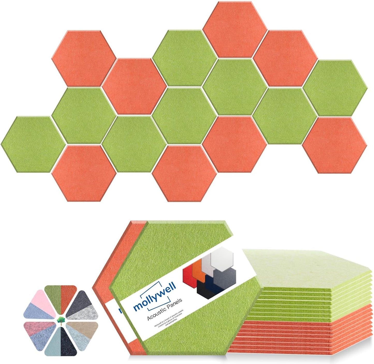 Mollywell Hexagon Acoustic Panels, High Density, Soundproofing, Decorative Noise Reduction Felt Wall Tiles for Ceilings, Home Office & Gaming Room (Orange and Fruit Green), 14x12x0.4 Inch