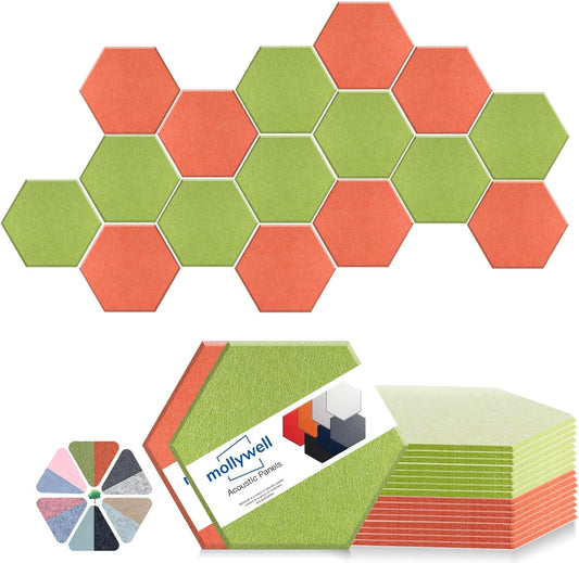 Mollywell Hexagon Acoustic Panels, High Density, Soundproofing, Decorative Noise Reduction Felt Wall Tiles for Ceilings, Home Office & Gaming Room (Orange and Fruit Green), 14x12x0.4 Inch