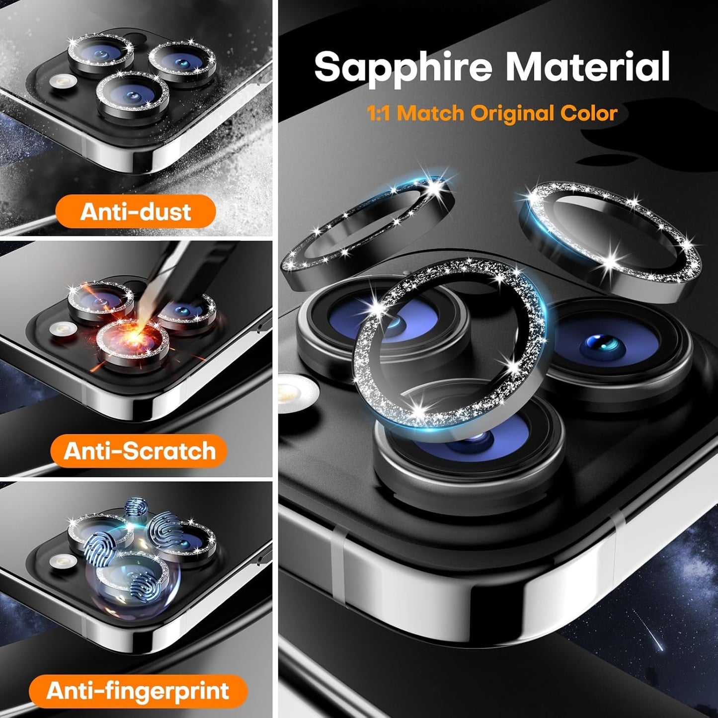 Camera Lens Protector for iPhone 16 Pro Max/16 Pro/15 Pro Max/15 Pro/14 Pro Max/14 Pro, Sapphire Glass Metal Individual Camera Cover Screen, Anti-drop, Case Friendly- Glitter Black Titanium