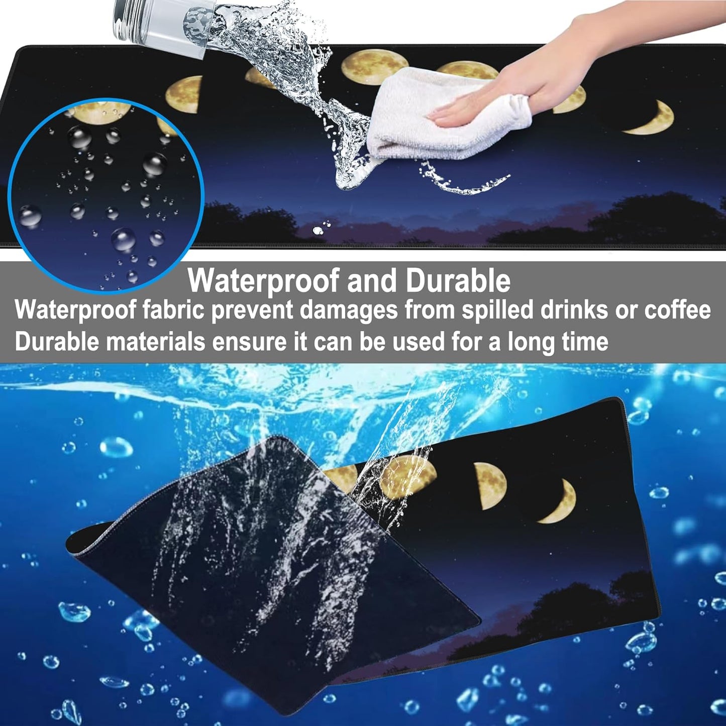 Mouse Pad, Large Moon Phase and Forest Desk Mat, Extended Non-Slip Gaming Keyboard Mousepad Desk Pad, Thick Stitched Edges Waterproof Mouse Mat 31.5"x15.7" (Moon Phase Changes)