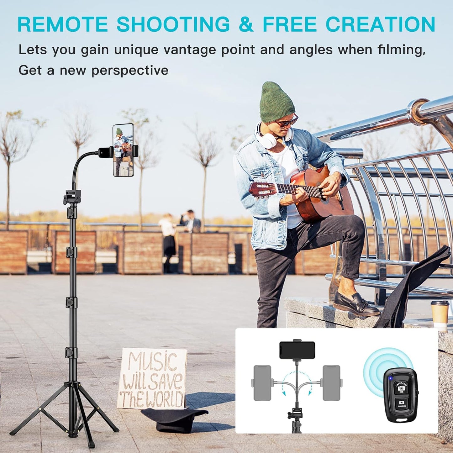 74" Flexible Phone Tripod, Tall Cell Phone Tripod with Adjustable Gooseneck & Remote, Portable Camera Cellphone Stand for Video Recording, Compatible with iPhone Android