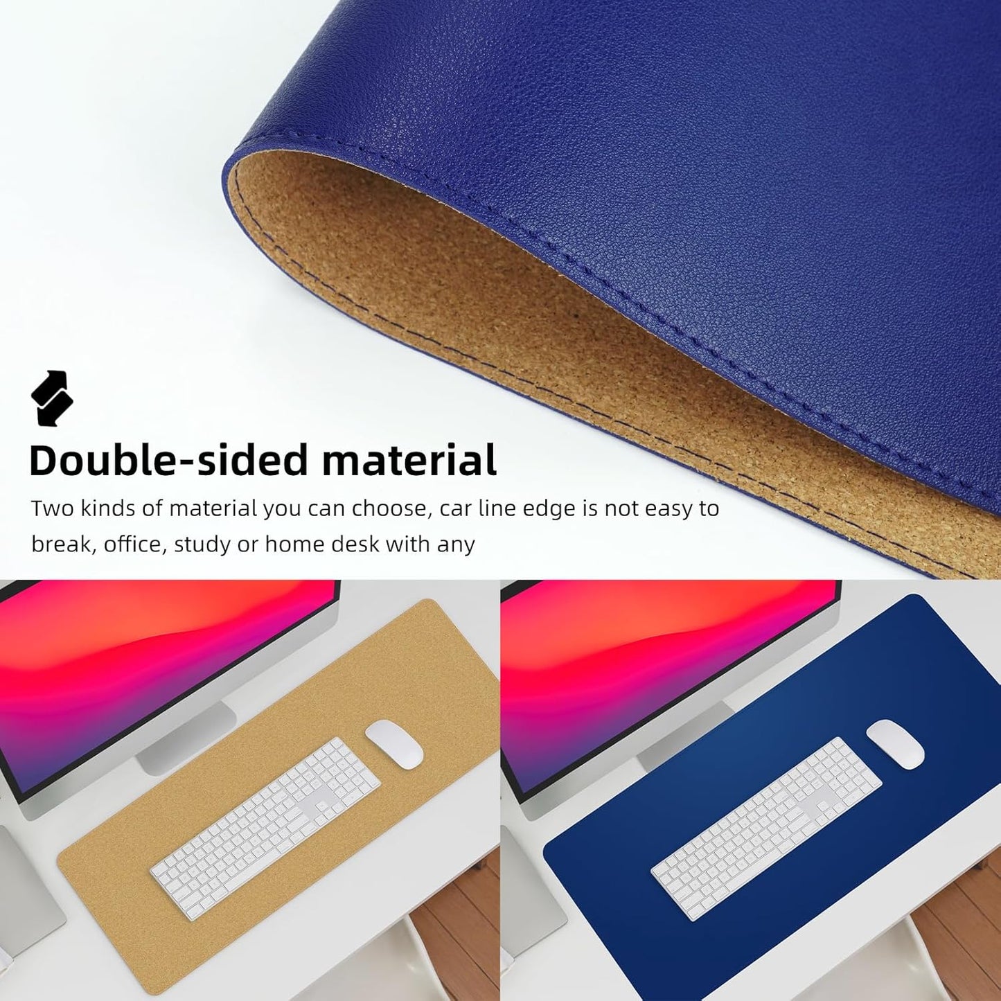 Leather Desk pad Protector, Large Desk mat with Natural Cork & PU Leather,Mouse pad,Non-Slip Office Desk Mat,Waterproof Desk Writing Pad for Office and Home (47in*17in, Sapphire Blue)