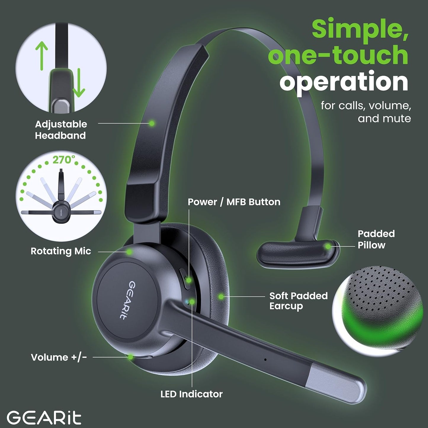 GEARit Wireless Bluetooth Headset with Mic - Multipoint Dual Connect, Noise Cancelling Trucker Headset for Phone Calls - All-Day Talk Time - Headphone with Microphone & Mute Button for Office Work