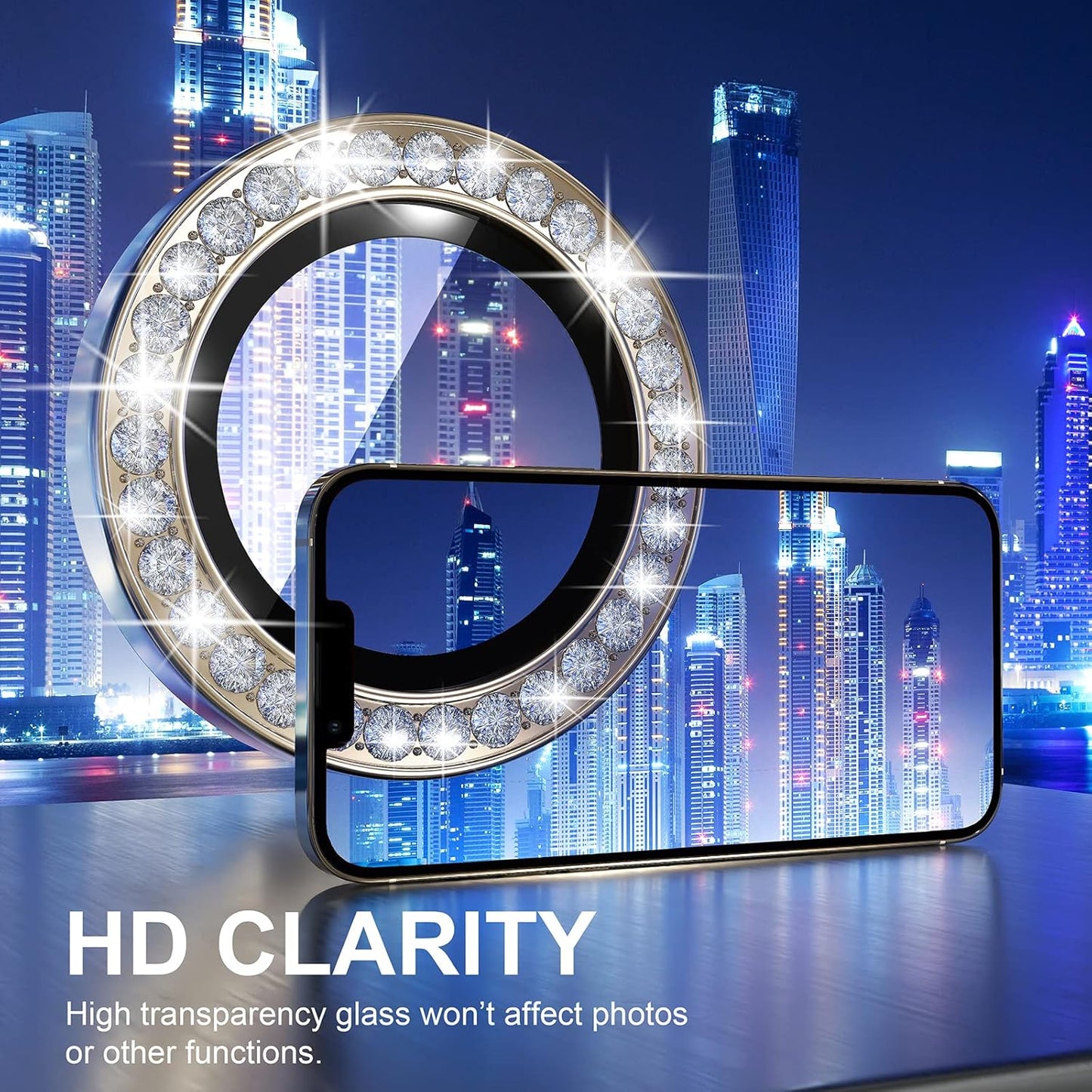 Choiche [3+1 for iPhone 13 Pro/iPhone 13 Pro Max Camera Lens Protector Bling, 9H Tempered Glass Camera Cover Screen Protector Metal Ring Decoration Accessories (Diamond-Gold)