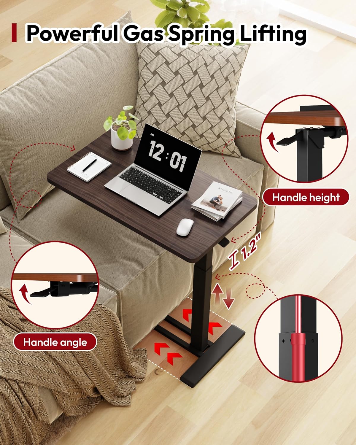 SANODESK Medical Adjustable Overbed Bedside Table with Casters 90° Tilt Top Pneumatic Mobile Rolling Laptop Computer Standing Desk Cart with Tray, Hospital and Home Use(27.6" W x 15.7" D,Rustic Brown)