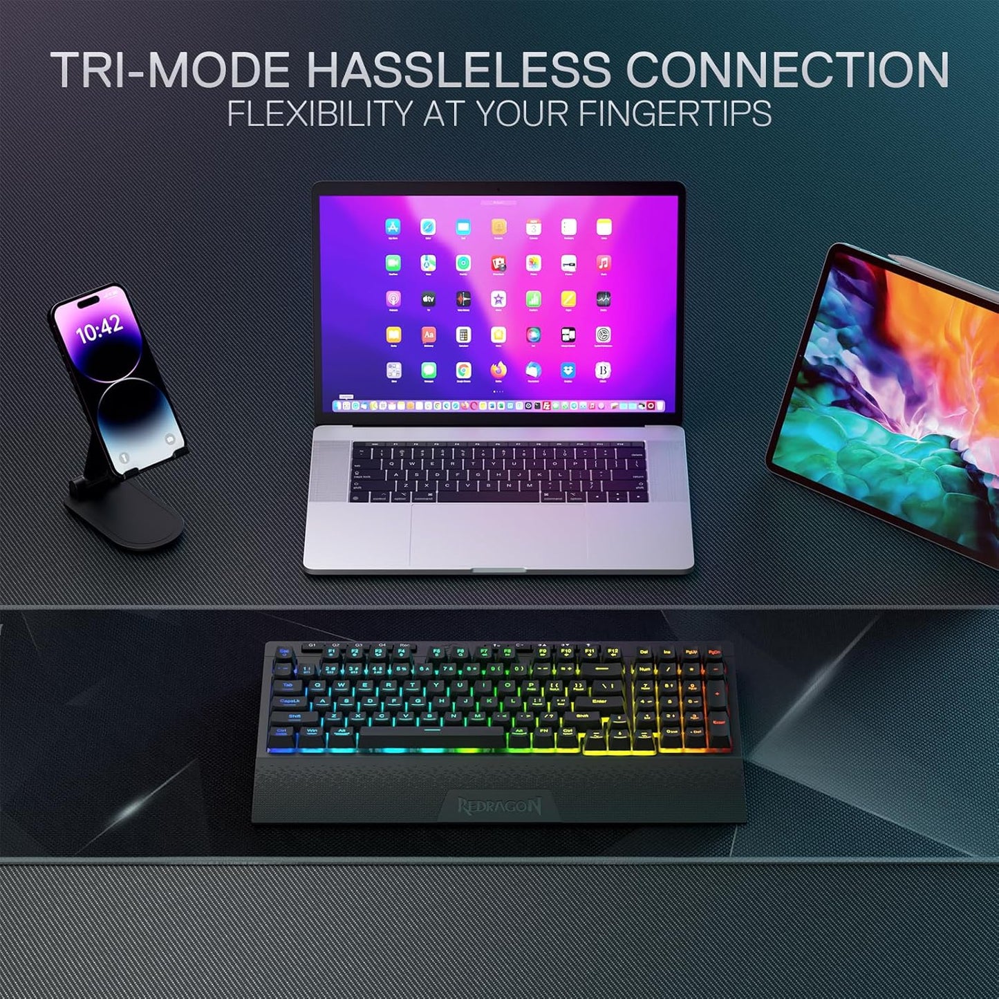 Redragon K515 PRO Shiva RGB Wireless Membrane Gaming Keyboard, 98 Keys Mechanical-Feel Keyboard w/Smooth Linear Switch, On-Board Macro & Multimedia Keys, Detachable Wrist Rest, Software Supported