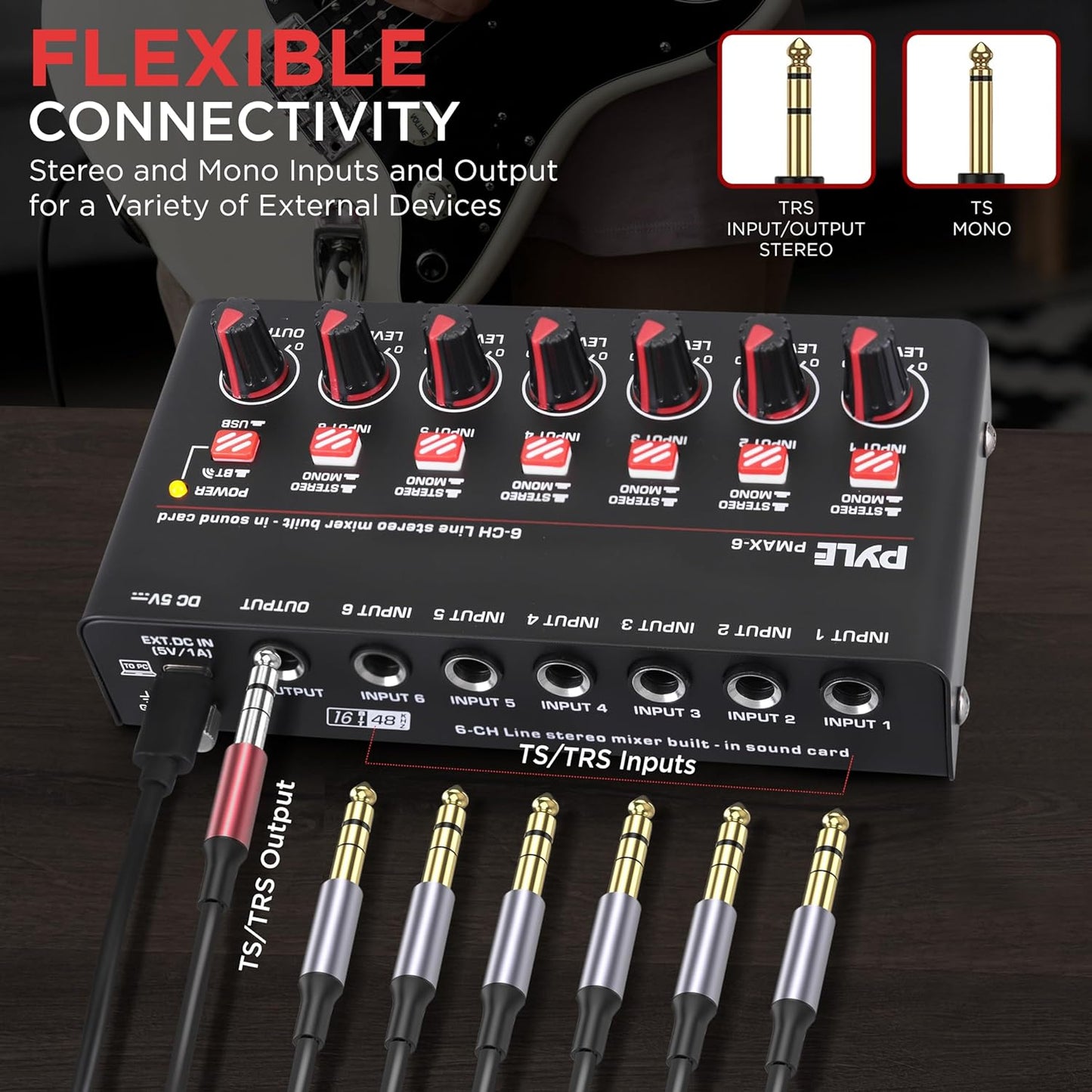 Pyle 6-Channel Wireless BT Streaming Mini Line Mixer with USB Audio Interface - 6 Mono/Stereo Switching Inputs | Ultra-low Noise Design with High Headroom | Built-in USB Sound Card - PMAX6